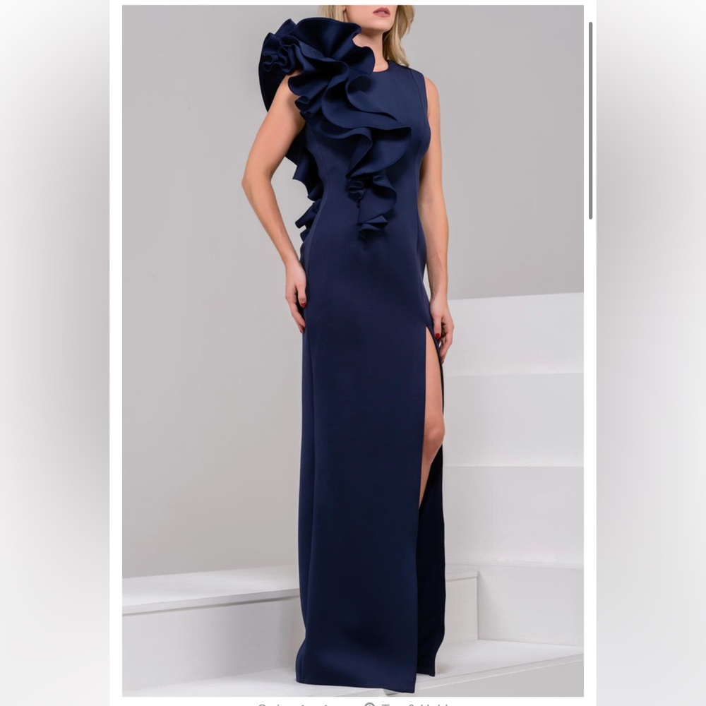 Jovani Navy Blue One-Shoulder Ruffle Maxi Dress